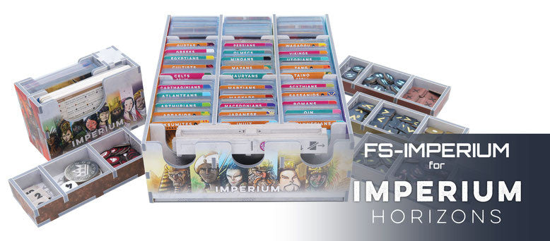 Board game organizer with card dividers and token trays for Imperium Horizons