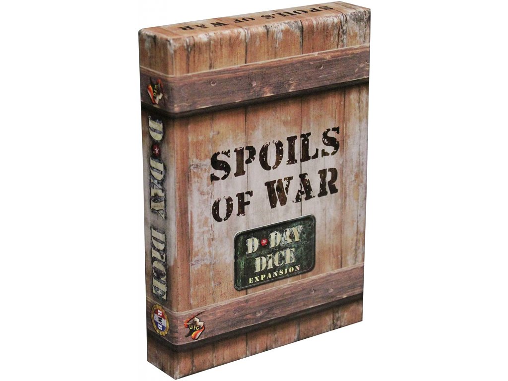 A box for the 'D-Day Dice: Spoils of War' expansion, designed to look like a rustic wooden crate
