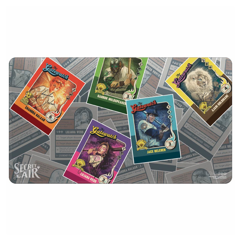 Playmat featuring five Magic: The Gathering &quot;The Gatewatch&quot; cards, depicting planeswalkers as baseball players