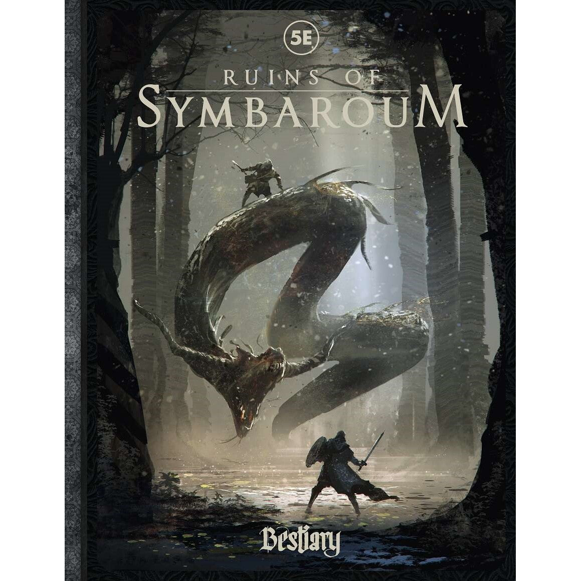 The Ruins of Symbaroum Bestiary rulebook cover shows two warriors battling a huge horned serpentine creature in a dark, misty forest