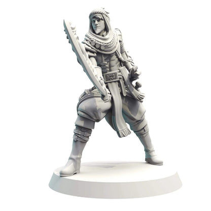 Gray 3D render of a male fantasy miniature in a turban and robes, holding a curved, serrated sword in an action pose