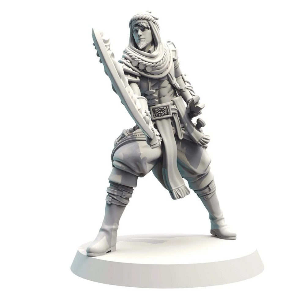 Gray 3D render of a male fantasy miniature in a turban and robes, holding a curved, serrated sword in an action pose