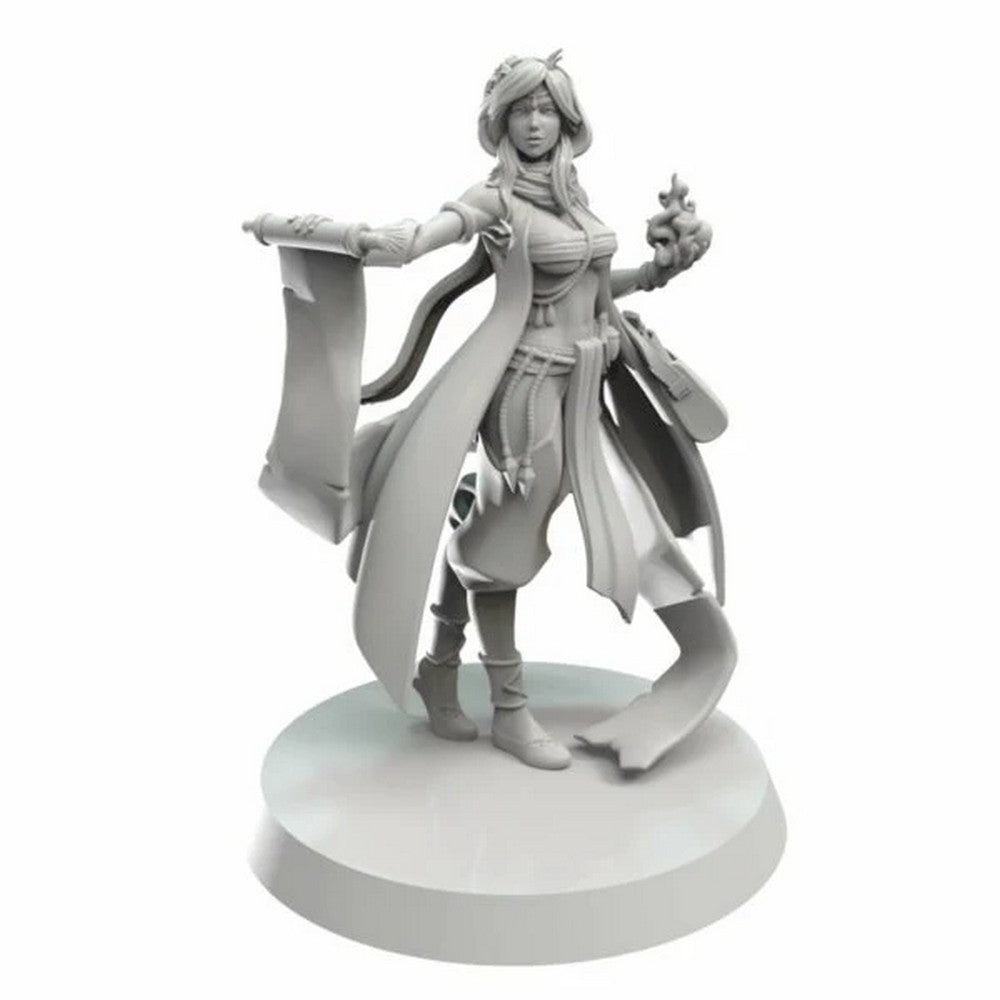 Grey fantasy miniature of a woman holding a scroll and a magical flame