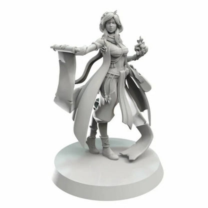 Grey fantasy miniature of a woman holding a scroll and a magical flame