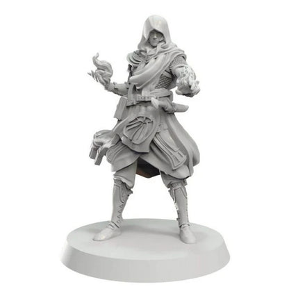 Unpainted gray fantasy miniature of a hooded spellcaster in robes and chainmail, conjuring magic