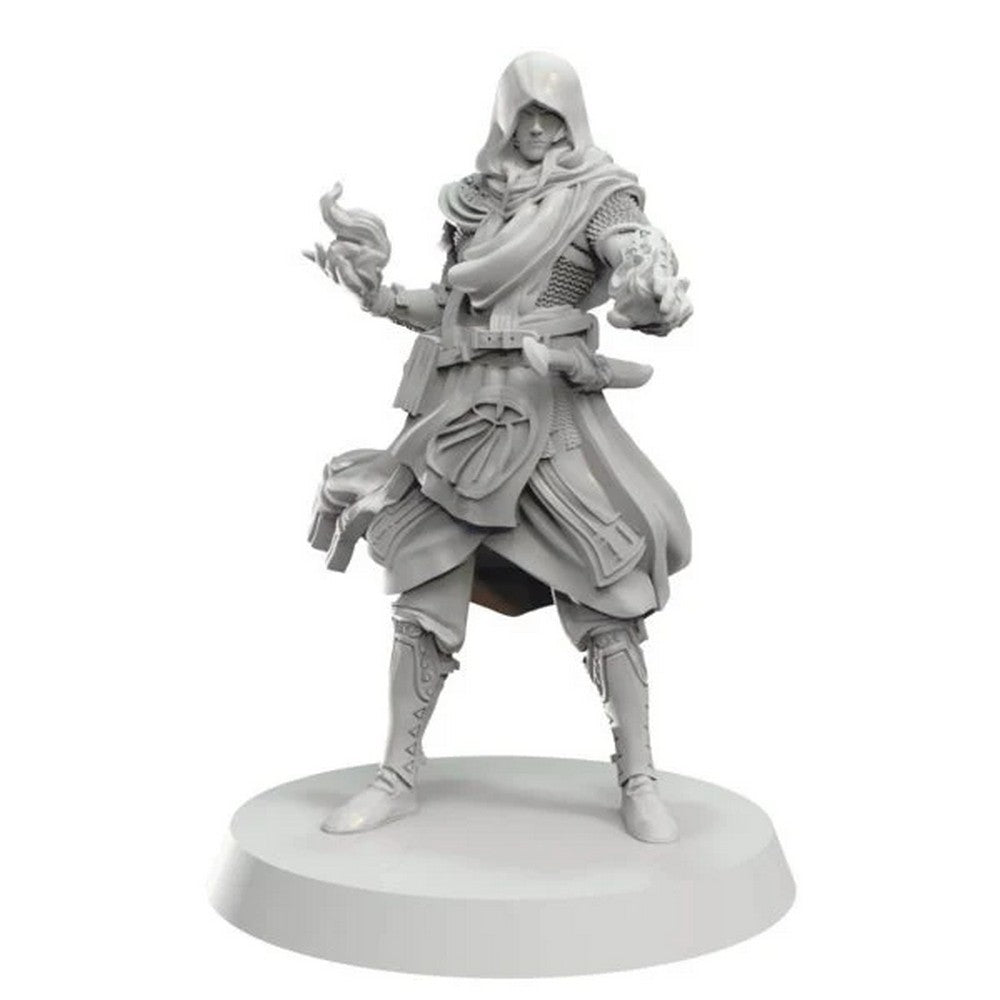 Unpainted gray fantasy miniature of a hooded spellcaster in robes and chainmail, conjuring magic