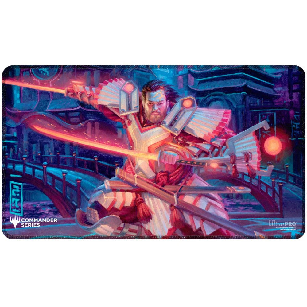 A bearded man in futuristic samurai armor wields two glowing red energy swords on a blue-lit bridge at night