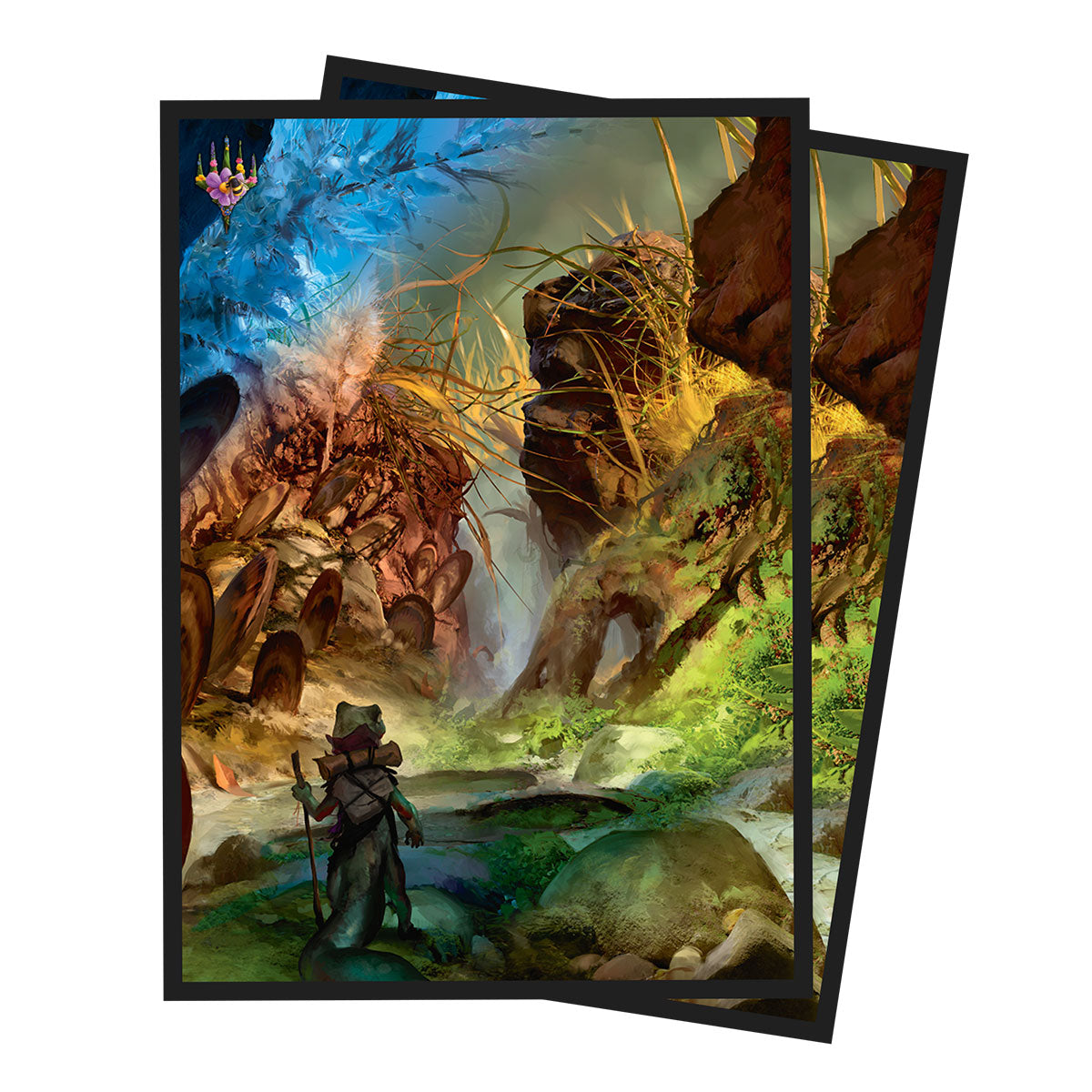 Two overlapping fantasy card sleeves show an adventurer with a staff exploring a vibrant landscape with rocks and a waterfall