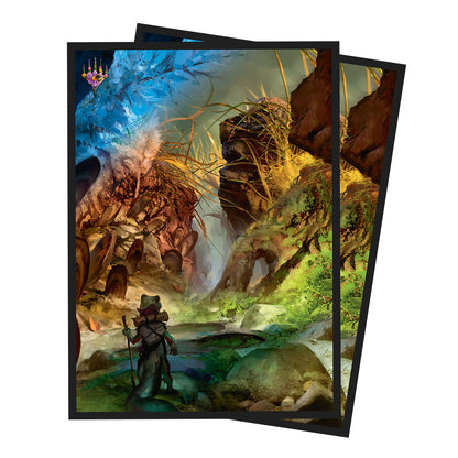 Two overlapping fantasy card sleeves show an adventurer with a staff exploring a vibrant landscape with rocks and a waterfall