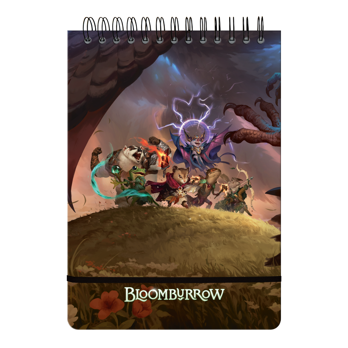 Bloomburrow spiral notebook with fantasy art of anthropomorphic animal adventurers, including a lightning-casting bat