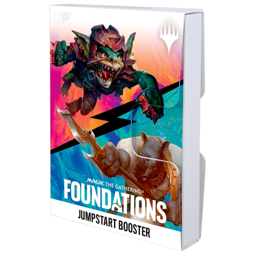 A white Foundations card box for Magic The Gathering, featuring a goblin-like creature above a rhino-like creature with a weapon