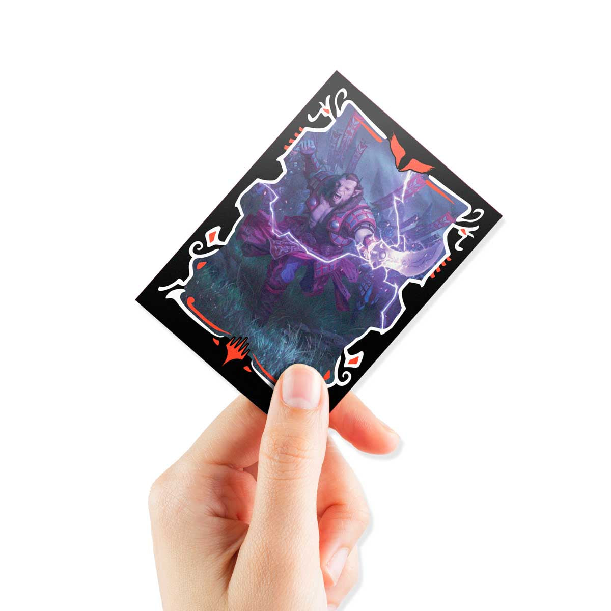 A hand holds a Magic: The Gathering card featuring a warrior casting a purple lightning spell