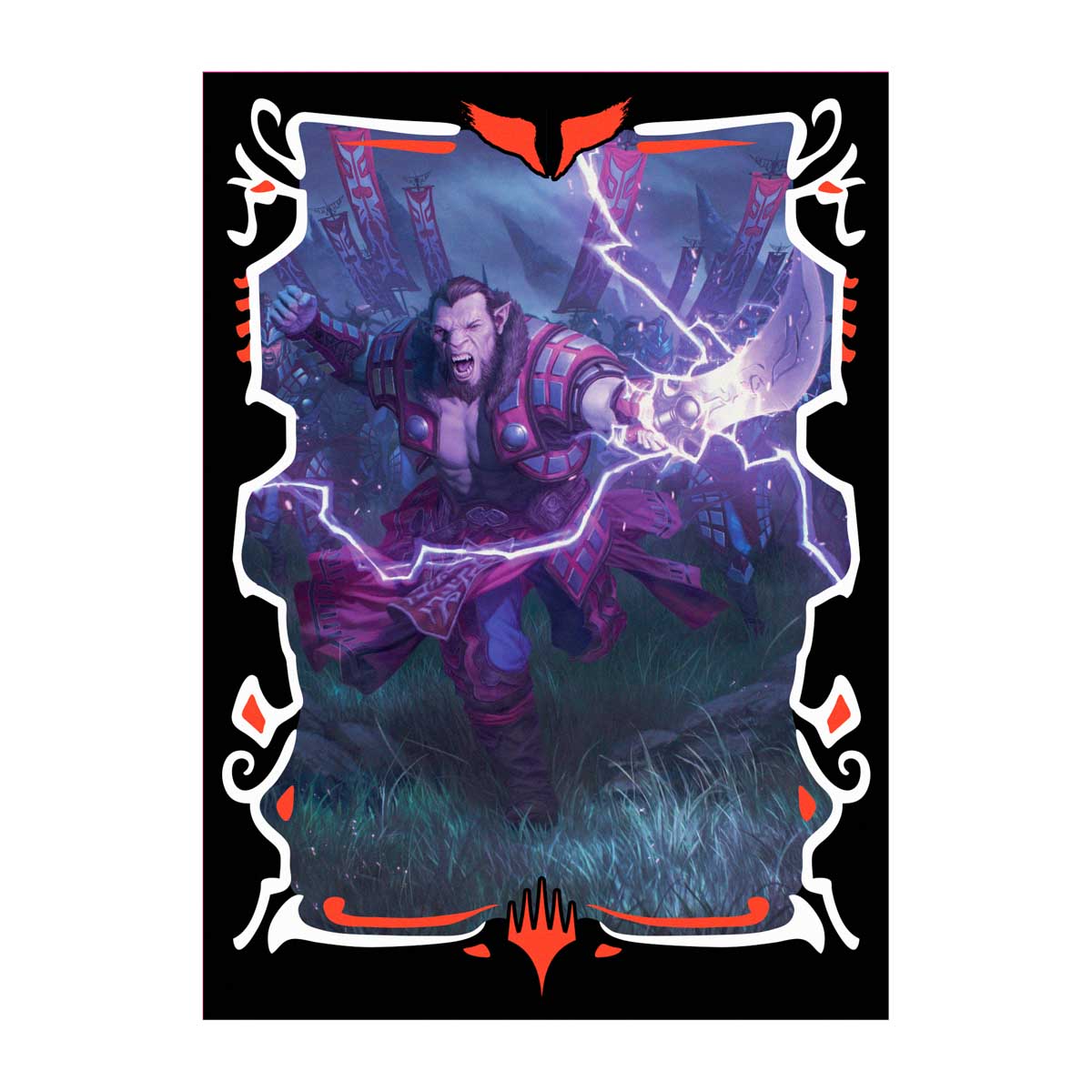 MTG art: A roaring, muscular orc-like warrior with pointed ears wields a lightning sword, with other warriors and banners behind