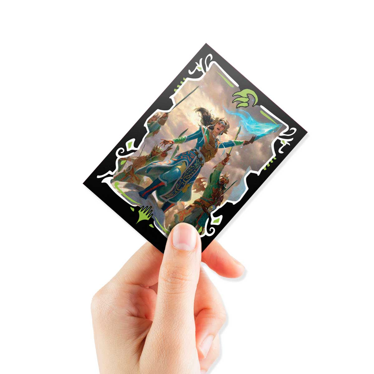 A hand holds a fantasy trading card: A woman in blue casts magic amidst combatants