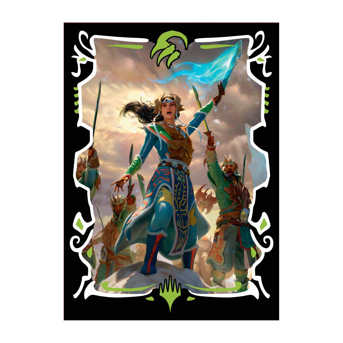 A female warrior raises a glowing blue banner, rallying soldiers on a rocky peak under a dramatic sky