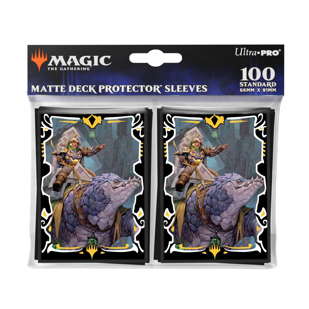 Two Magic: The Gathering deck protector sleeves with art of a character riding a scaly creature, pointing