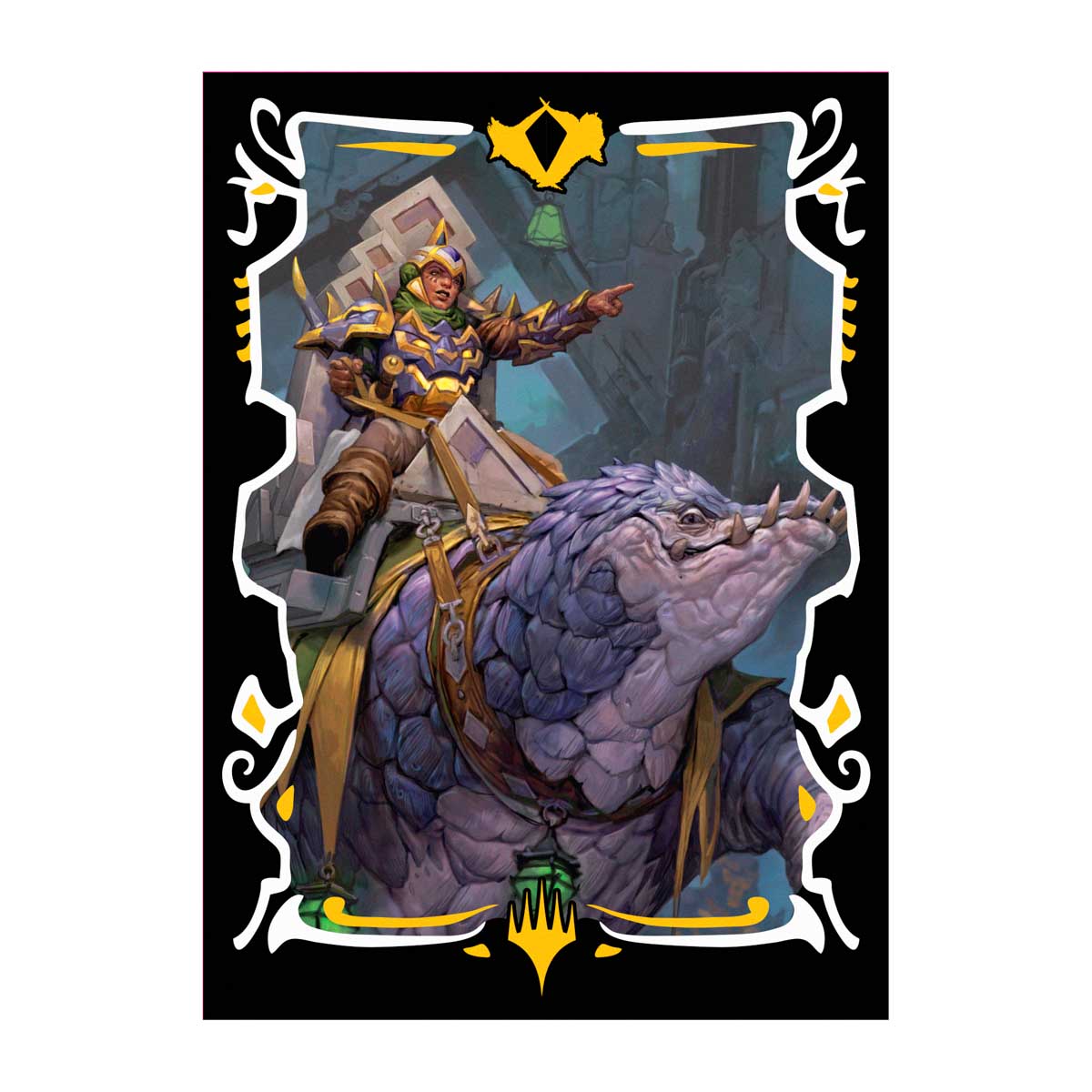 Card art: Armored rider on a large, scaly purple beast points forward in a dark, dungeon-like setting