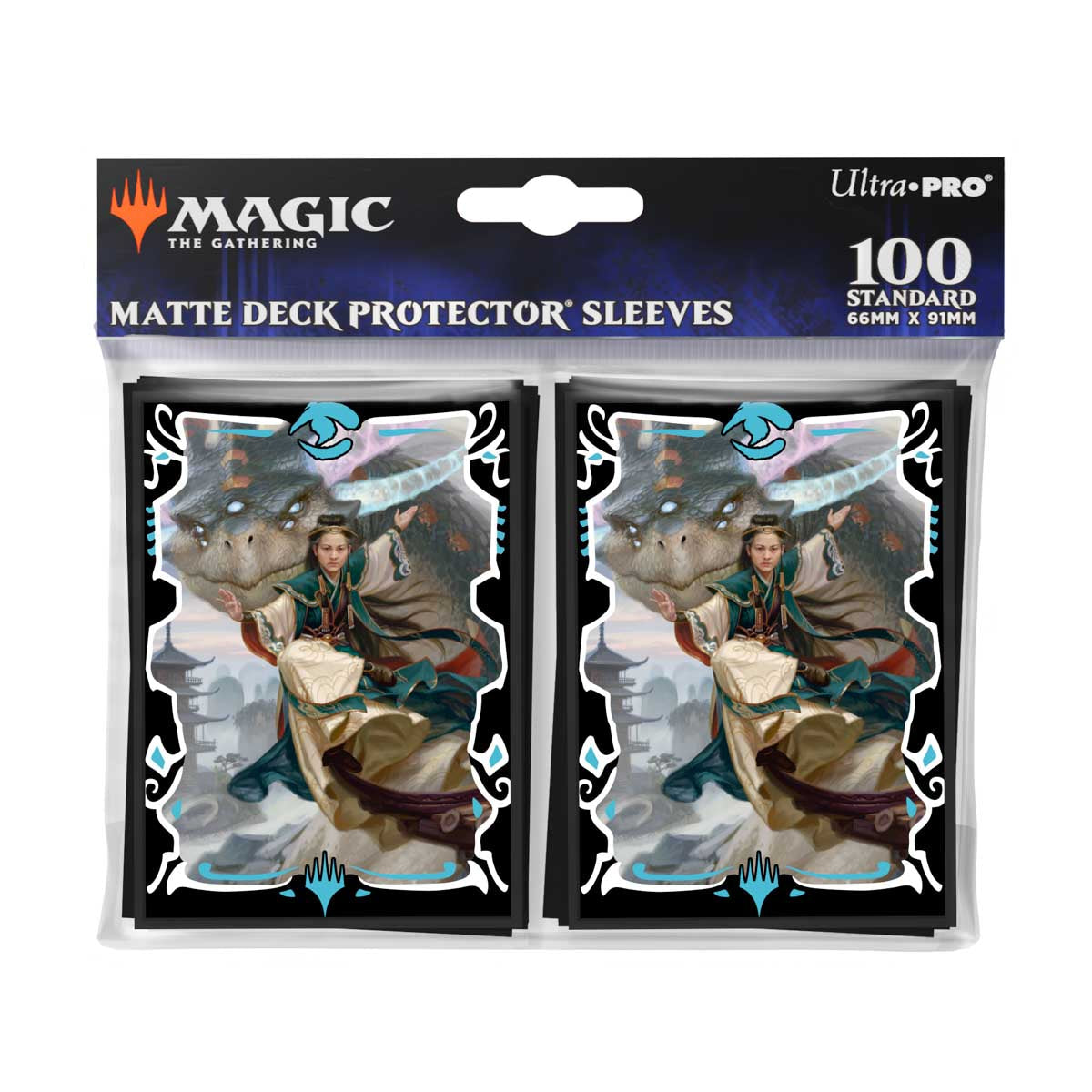 100 Magic: The Gathering matte card sleeves featuring a woman and multi-eyed dragon casting blue energy