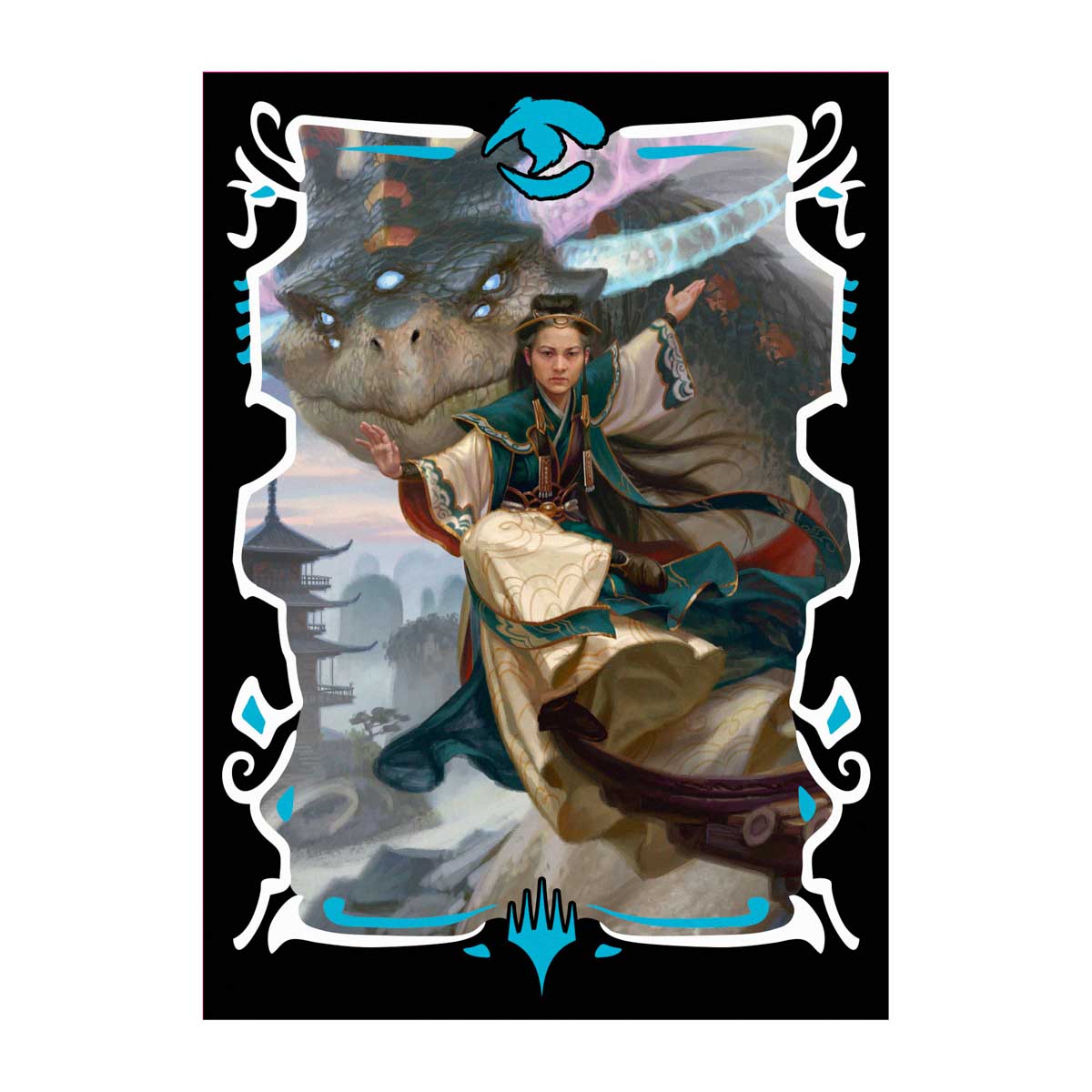 A woman in ornate robes casts a spell, with a multi-eyed dragon behind her over misty mountains and a temple