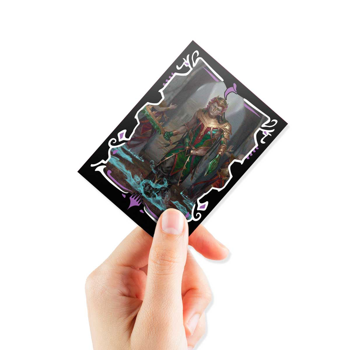 A hand holds a Magic: The Gathering card, displaying an ornate character in green and gold with swirling blue magic