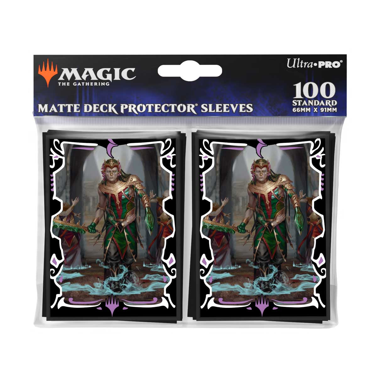 Package of 100 Magic: The Gathering Matte Deck Protector sleeves featuring a pink-haired figure in green armor