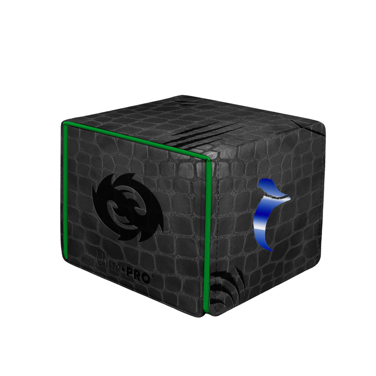 Ultra Pro Magic The Gathering Return to Tarkir Premium Alcove Edge Sultai Deck Box with green edges, a swirling logo, &#39;Ultra-Pro&#39; text, claw marks, and a blue opening