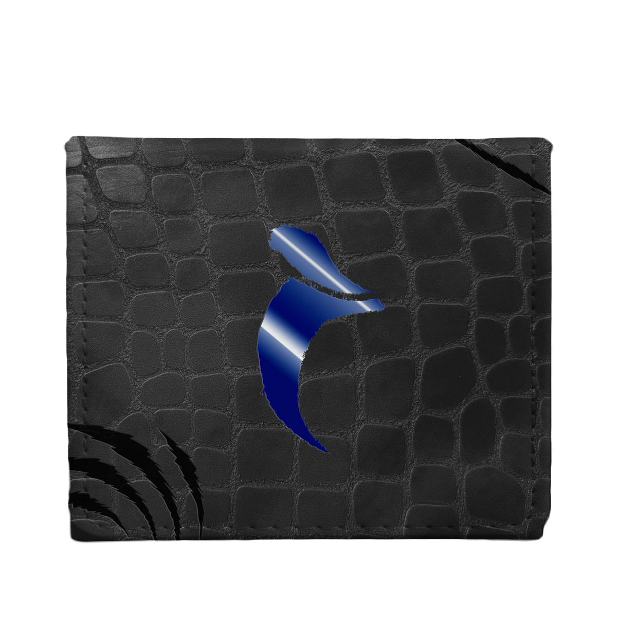 A dark, textured bifold ultrapro deckbox with a jagged rip revealing shiny blue beneath, and claw marks on the corner