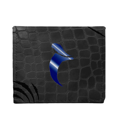 A dark, textured bifold ultrapro deckbox with a jagged rip revealing shiny blue beneath, and claw marks on the corner