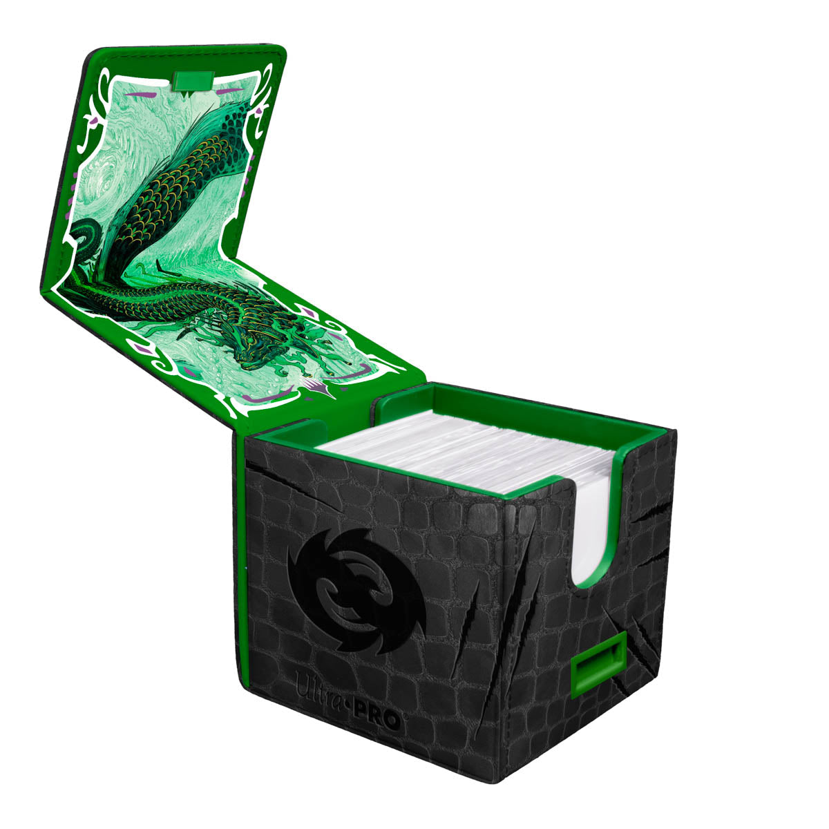 Ultra-Pro open card deck box with a green dragon on its lid and a textured black body, filled with white cards