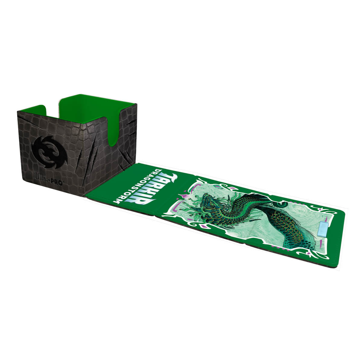 Black Ultra-PRO deck box with opened lid, featuring a detailed green dragon and 'Tarkir Dragonstorm'