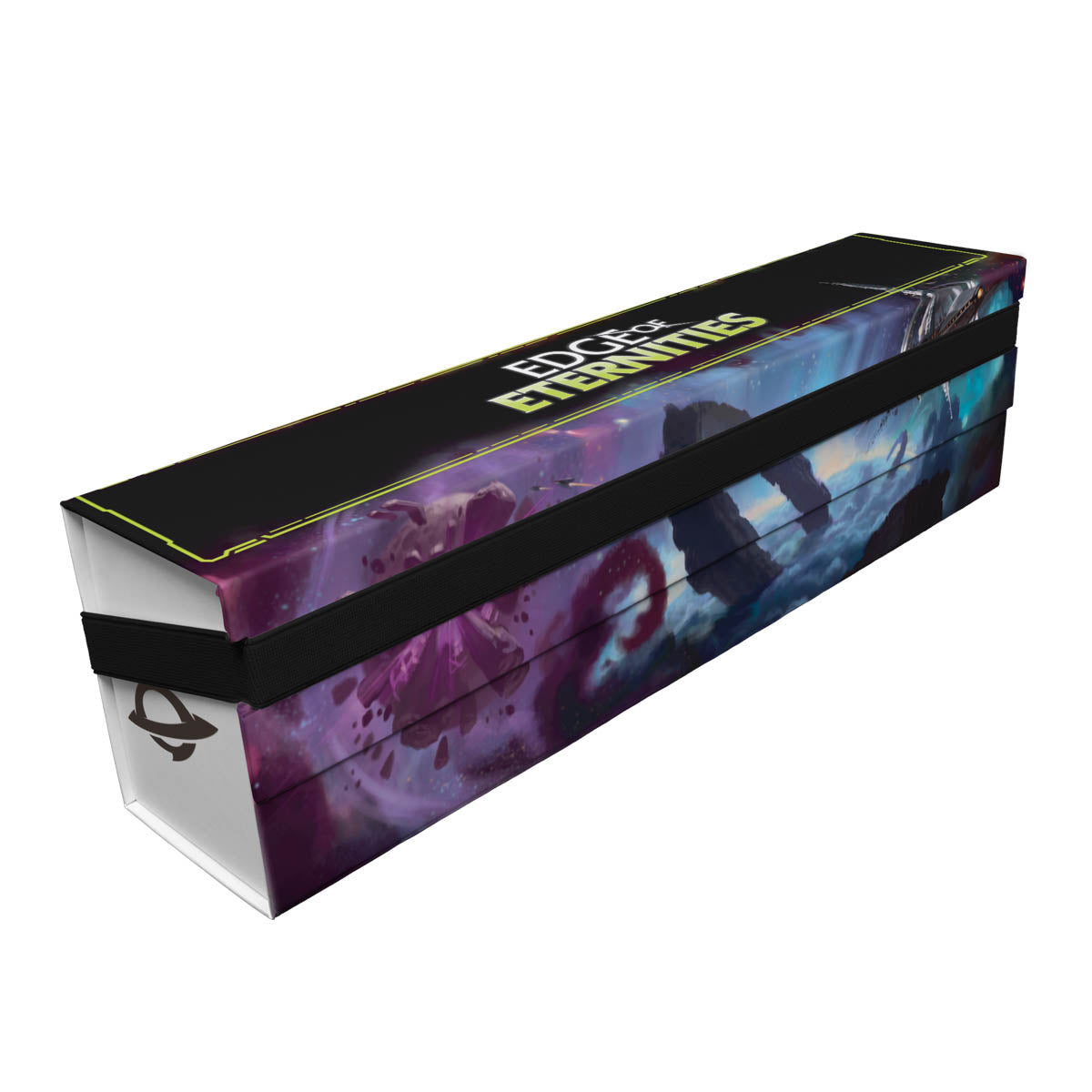 Vibrantly printed rectangular deck box for &quot;Edge of Eternities&quot; with space art and securing strap