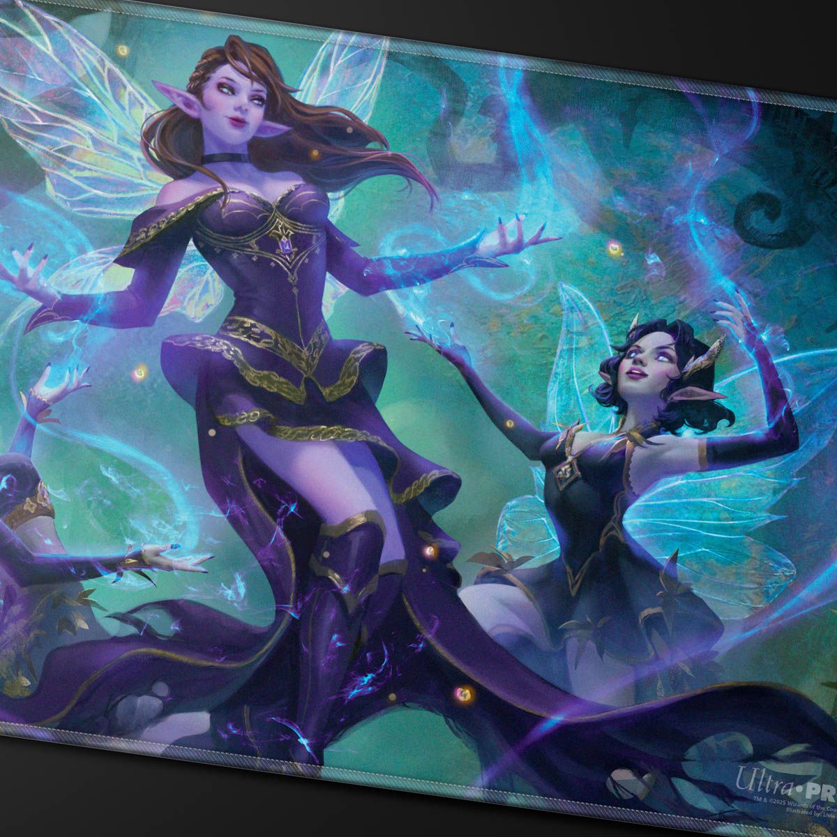 Three winged fairies in purple and gold gowns emit blue magic, the central fairy looks forward with outstretched hands 