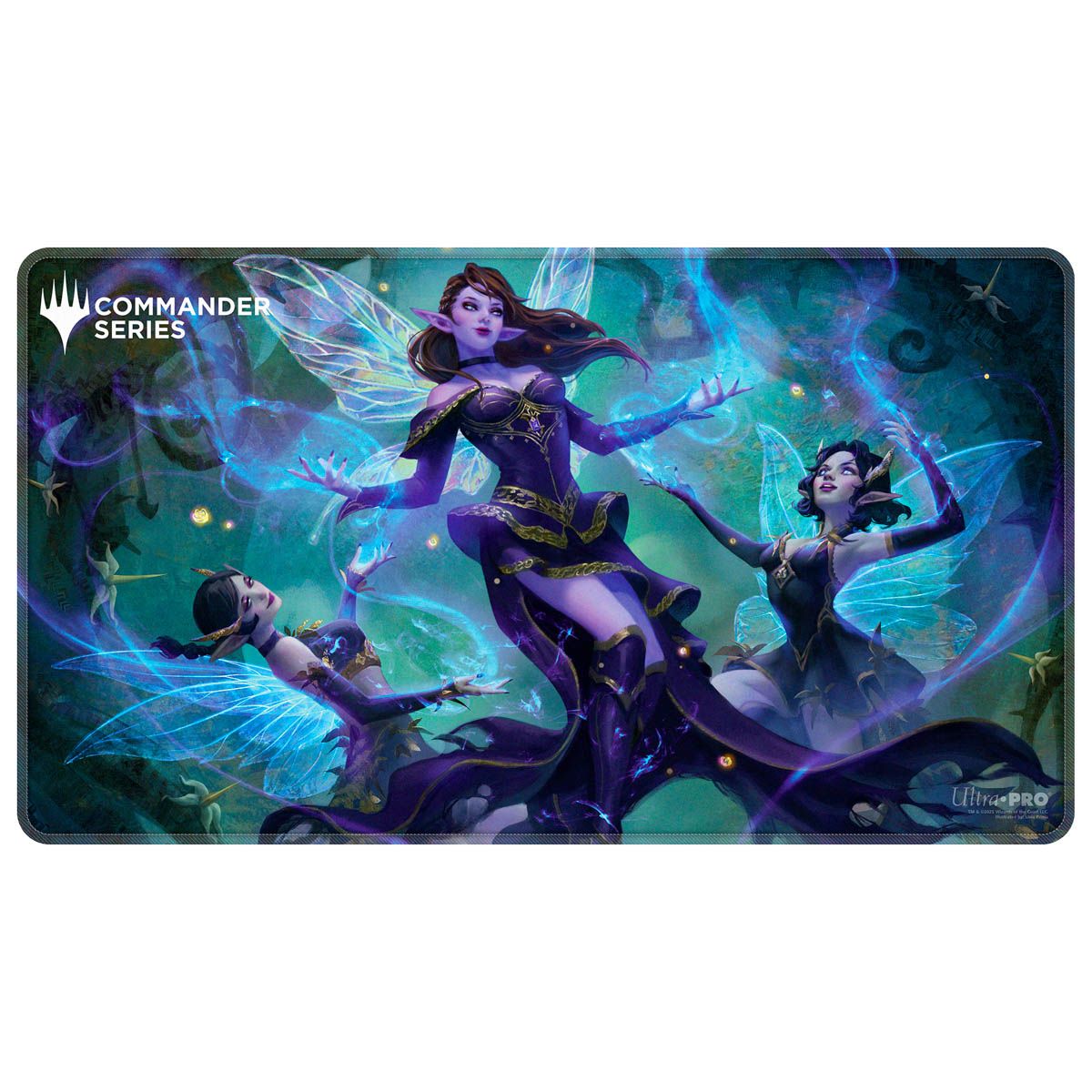 Magic: The Gathering playmat: Three fairies with glowing wings conjure blue magic in a dark, enchanted forest