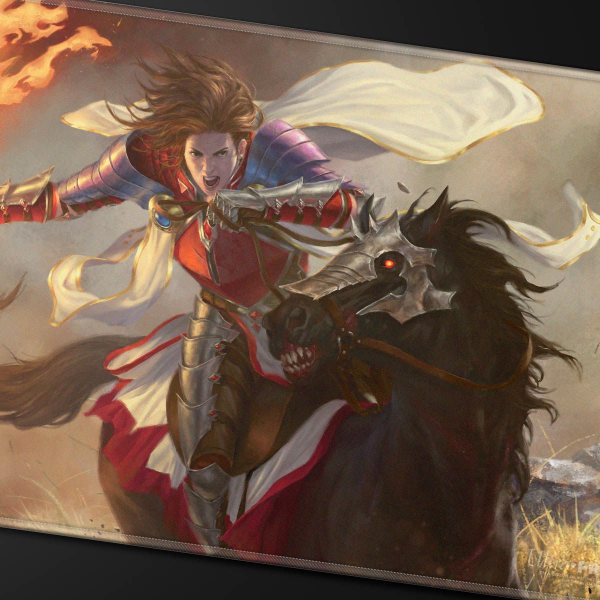 Fierce armored female warrior on a black horse, charging with a flaming sword