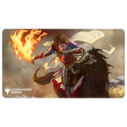 Armored knight on a black horse, wielding a flaming sword, charging, "Commander Series" logo bottom left