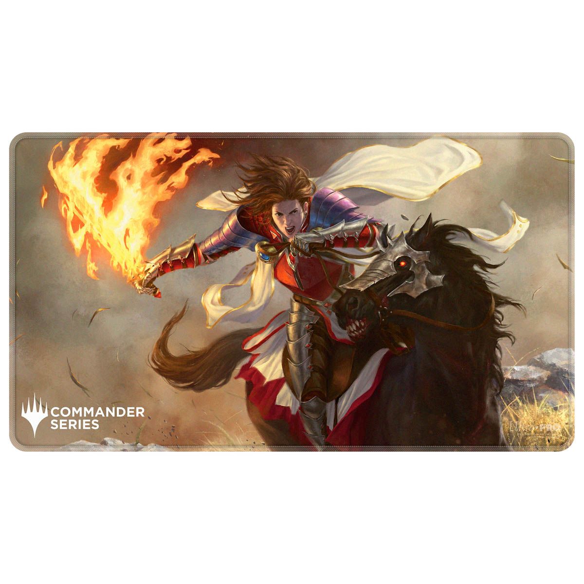 Armored knight on a black horse, wielding a flaming sword, charging, &quot;Commander Series&quot; logo bottom left