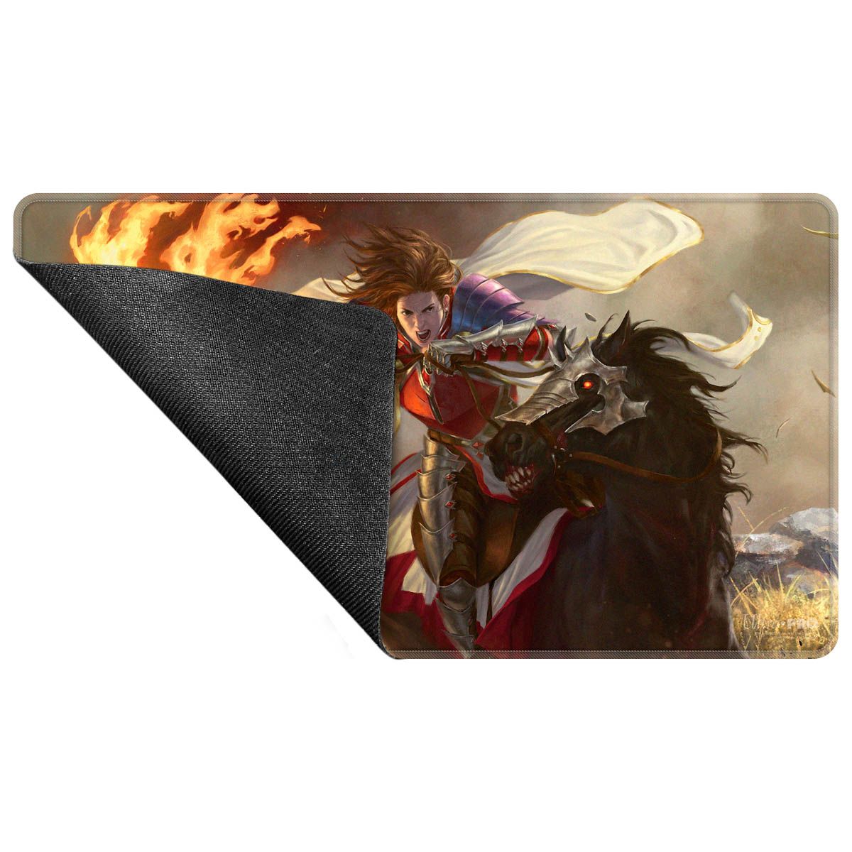 Mouse pad: Armored warrior on a dark warhorse with glowing eyes, charging through flames