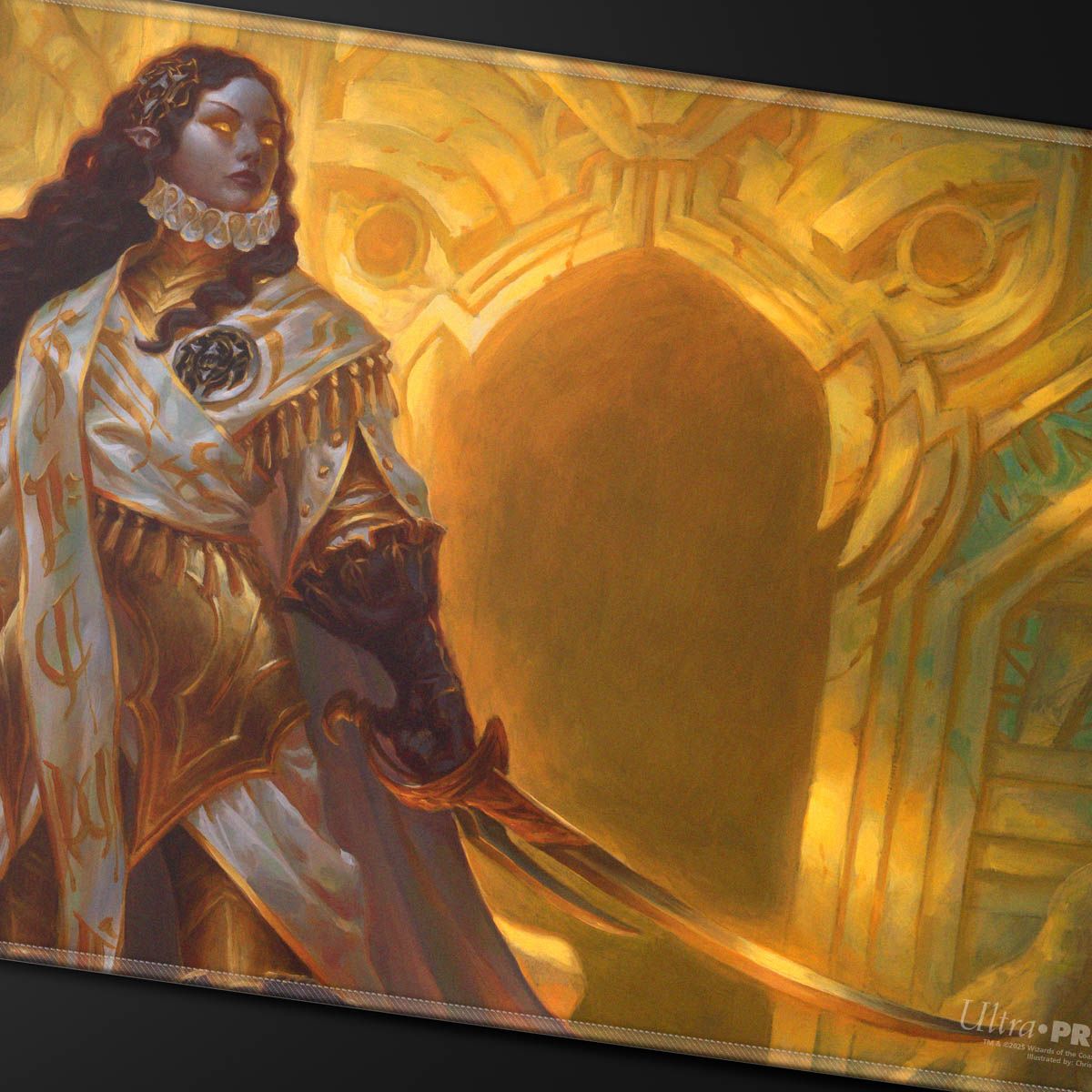 An elven woman in ornate gold armor with glowing eyes holds a sword before a radiant golden archway