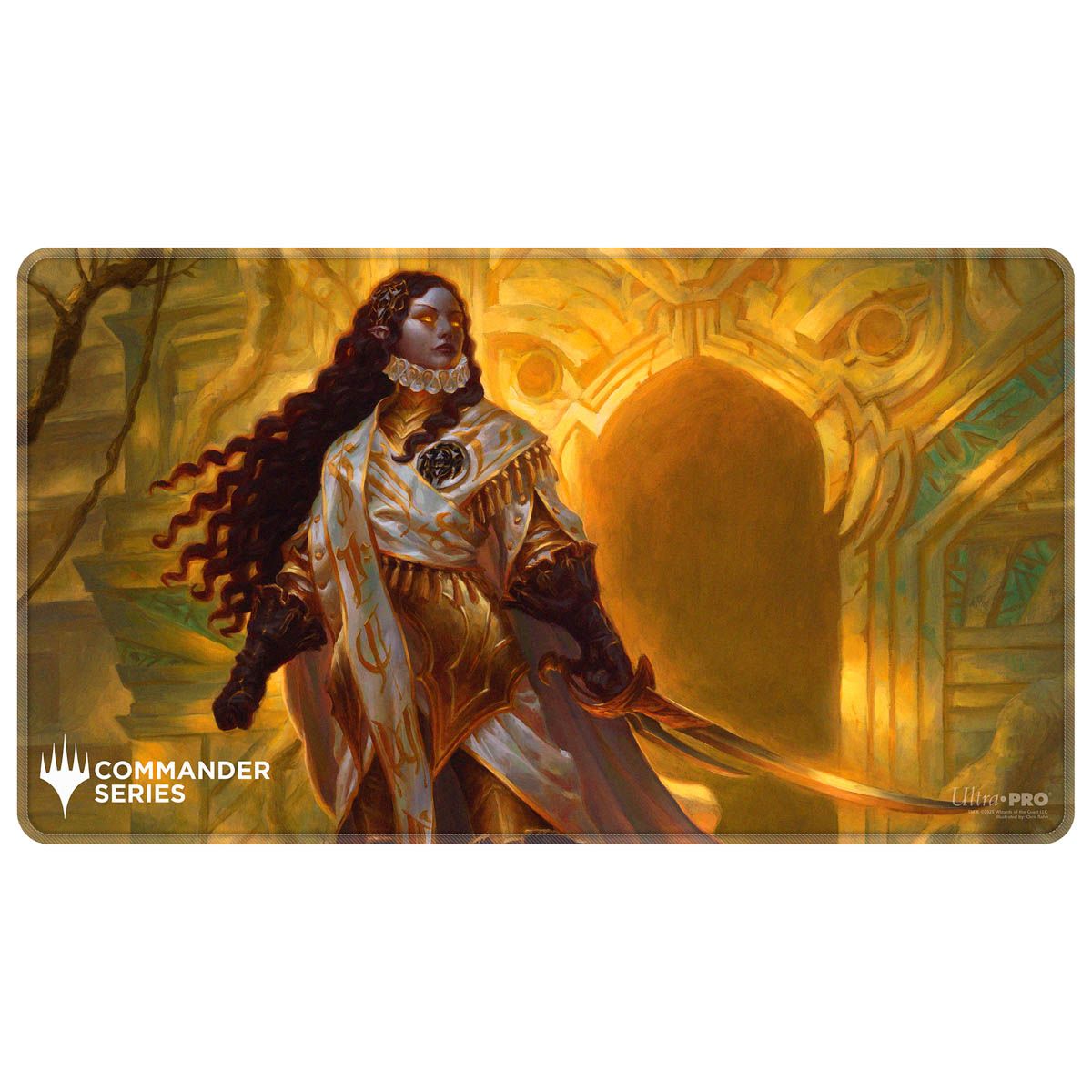 Ornate female warrior with dark hair, glowing eyes, wielding a bright sword before a golden archway