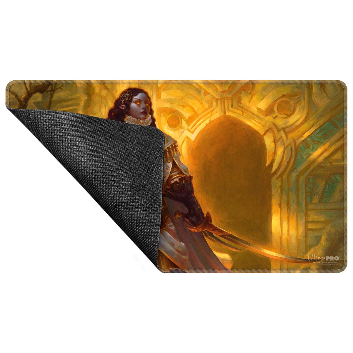 Armored fantasy warrior with glowing eyes holds a glowing sword before a golden archway on a playmat with a curled corner