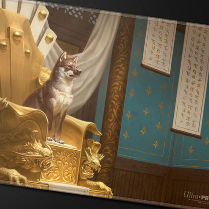 A majestic brown wolf sits regally on an ornate golden throne decorated with dragon heads