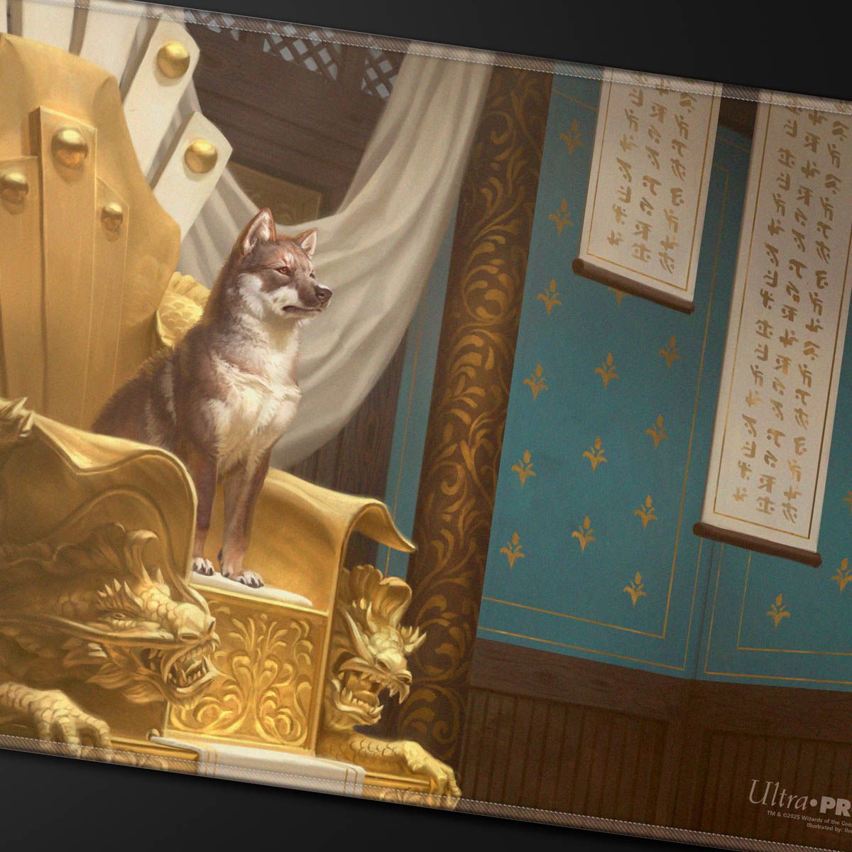A majestic brown wolf sits regally on an ornate golden throne decorated with dragon heads