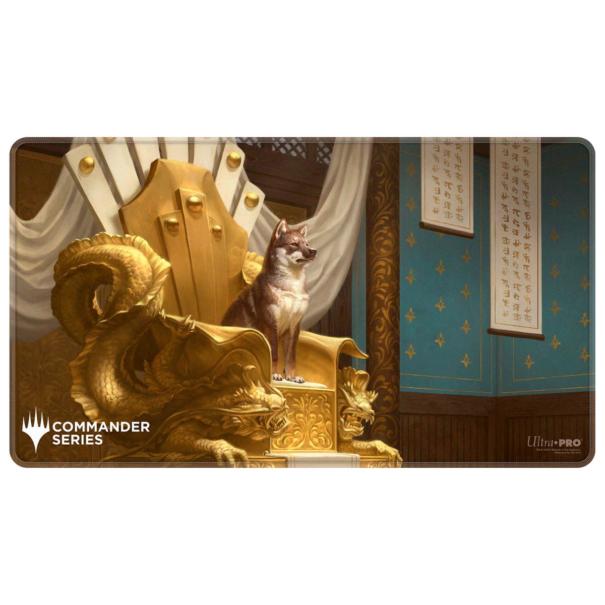 A wolf-like dog sits on a golden throne adorned with dragons, commander series and ultra-pro logos