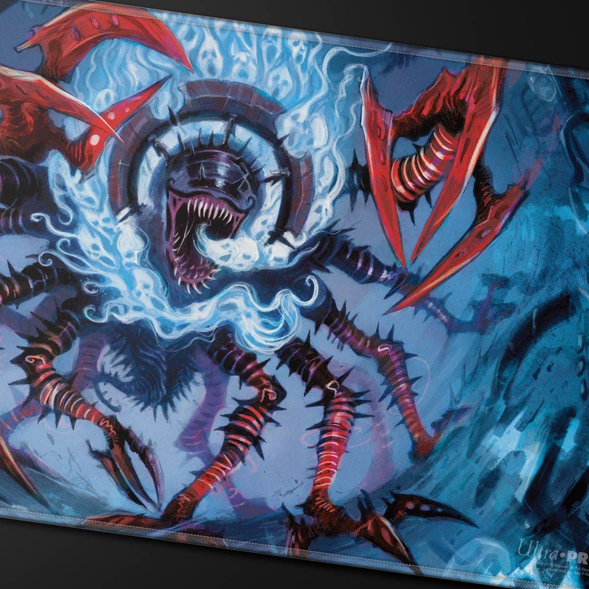 Dark, multi-legged monster with spiky head, fanged mouth, and red blades, roaring and emanating blue energy