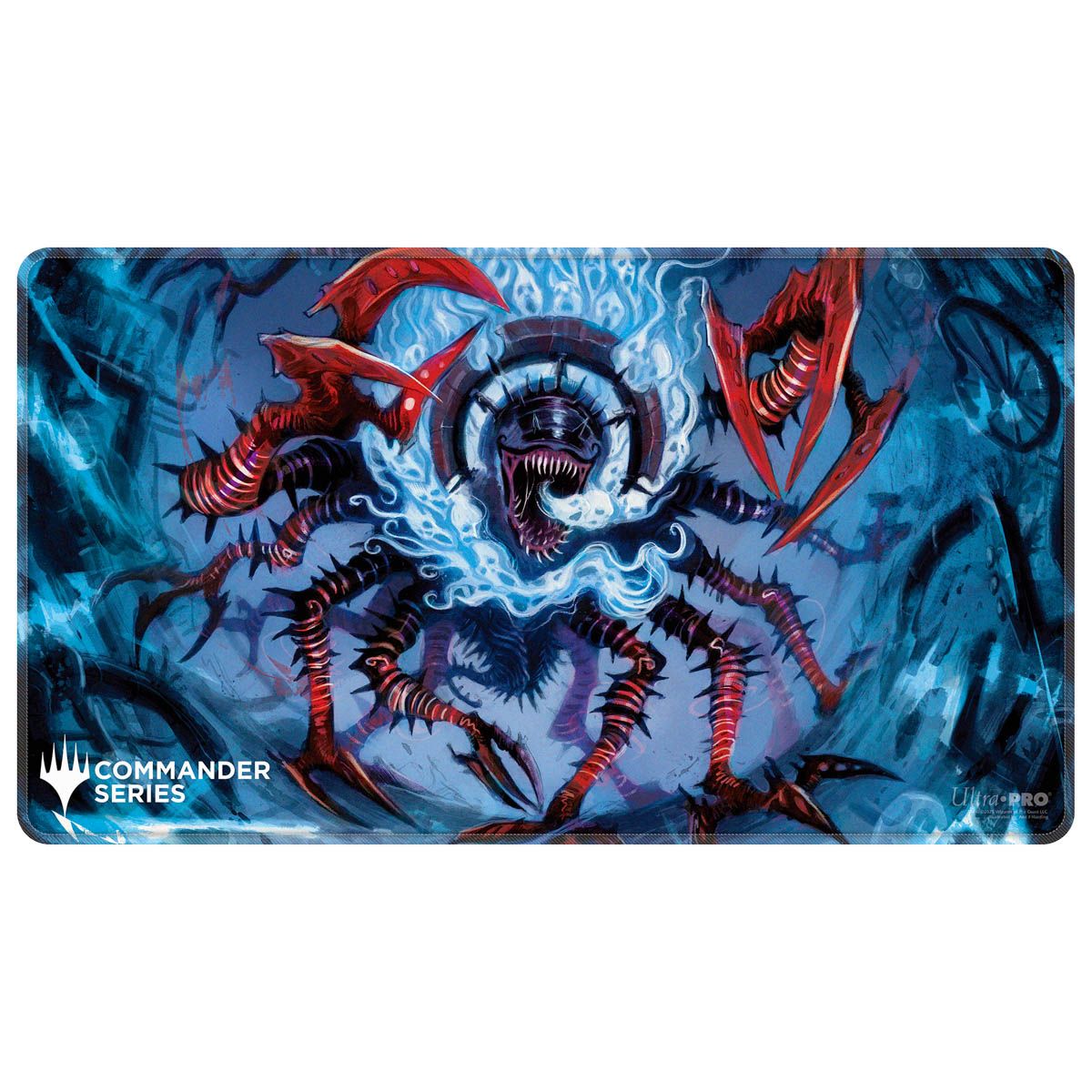 A playmat depicting a monstrous, multi-legged creature with a gaping fanged mouth and glowing blue energy