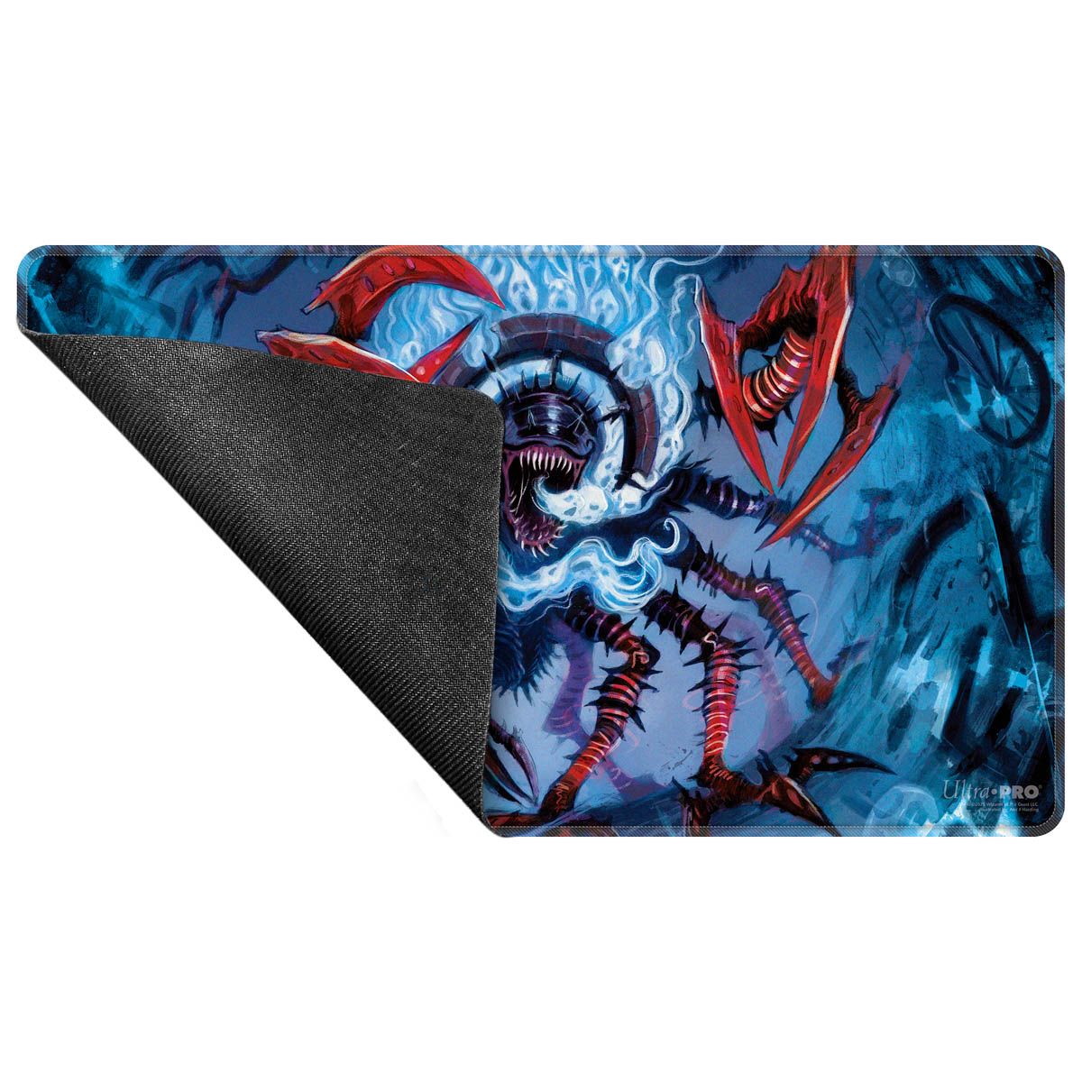 Gaming mat with a fierce monster: jagged teeth, glowing blue energy, spiky red legs