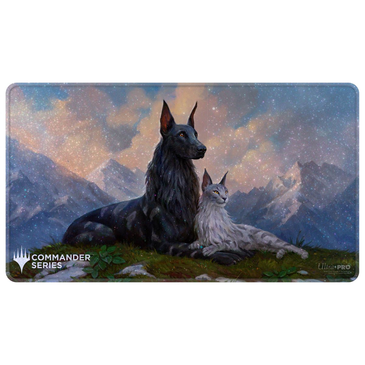 A black dog sits next to a grey cat lying on a grassy hill, with snow-capped mountains and a starry sky