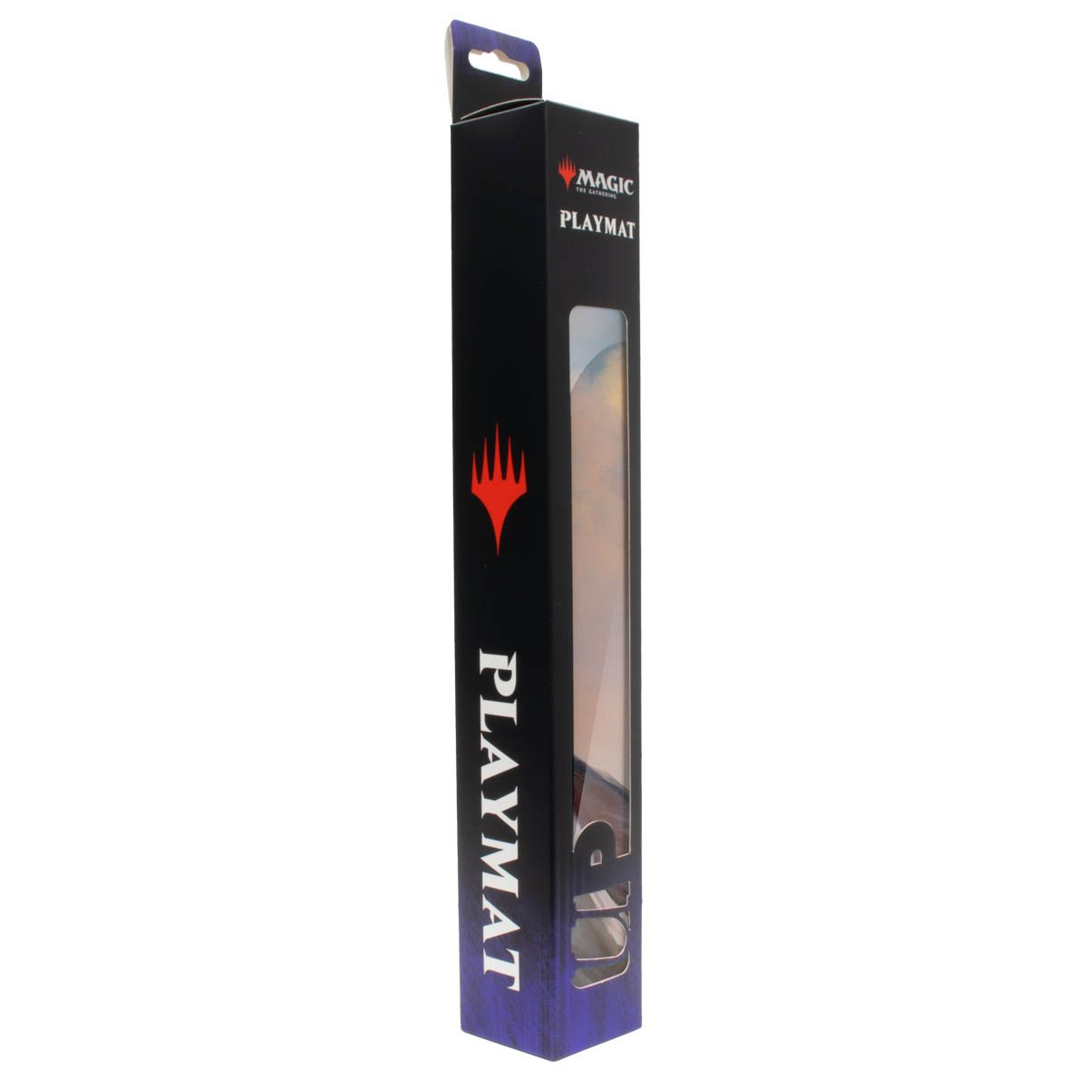 Black Magic: The Gathering playmat box with red logo and window showing the rolled mat 