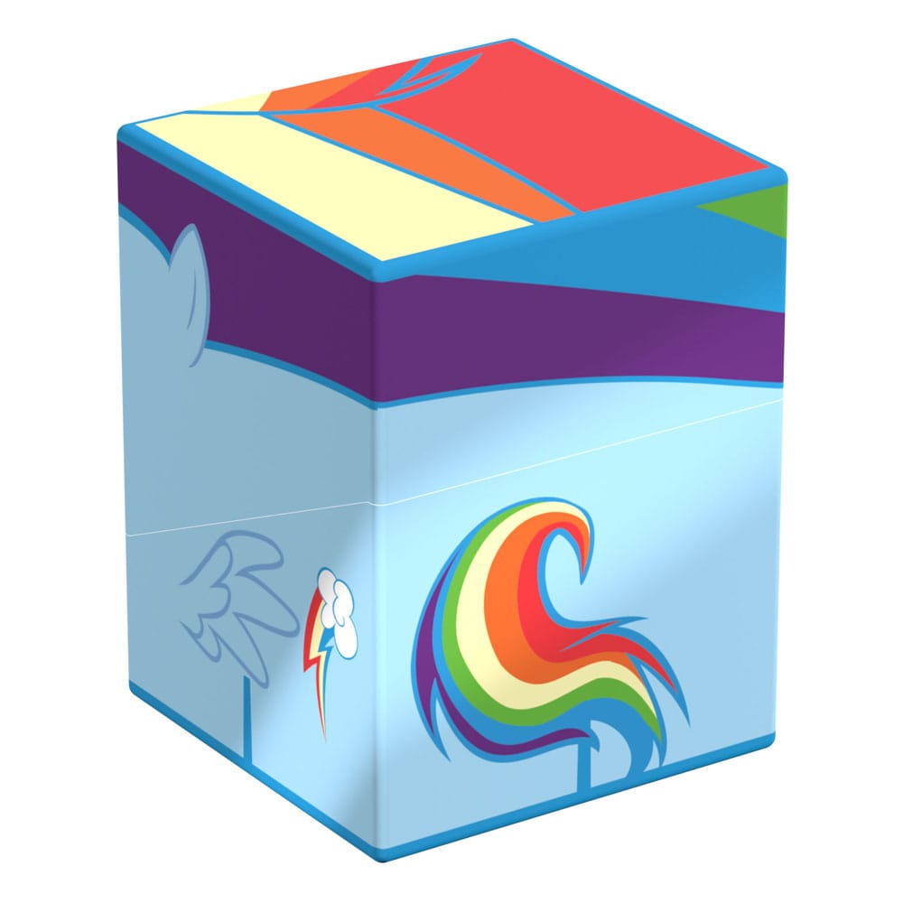 A light blue cube-shaped box depicting My Little Pony&#39;s Rainbow Dash with her vibrant rainbow mane, cloud and lightning bolt cutie mark, and a segmented multicolored top