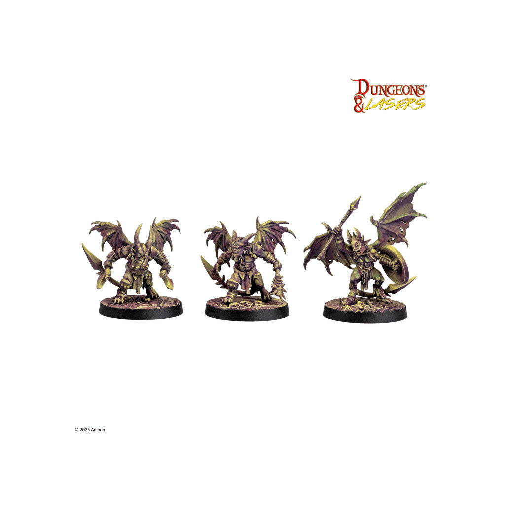 Set of three D&L tabletop miniatures: winged, horned demons armed with spear and swords